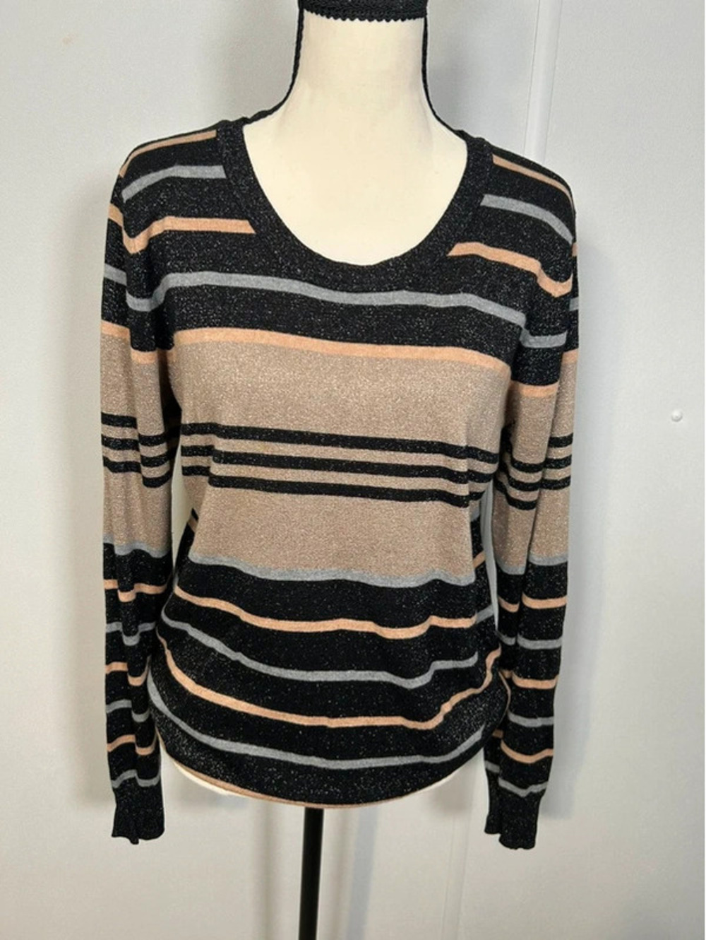 Worthington Women’s L Striped Metallic Knit Sweater Black Tan Gray